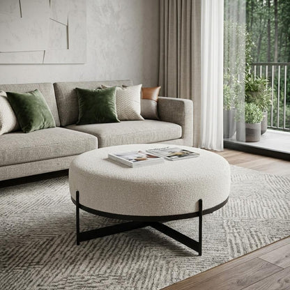36" Cream and Black Fabric Round Pouf Ottoman