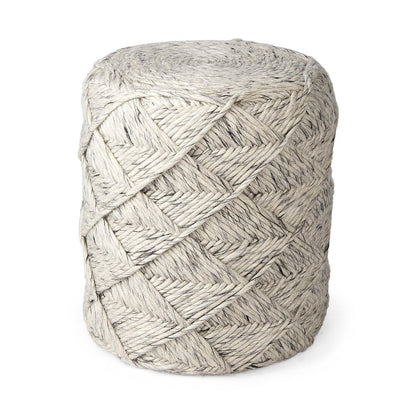 16" Beige and Gray Wool Chevron Round Pouf Ottoman
