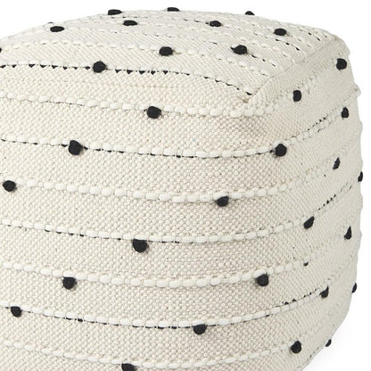 16" Black Cream and White Cotton and Wool Polka Dots Pouf Ottoman