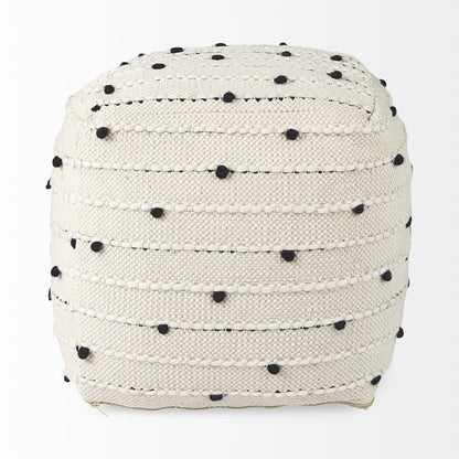 16" Black Cream and White Cotton and Wool Polka Dots Pouf Ottoman