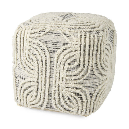 16" Beige Cream and Gray Cotton and Wool Geometric Cube Pouf Ottoman