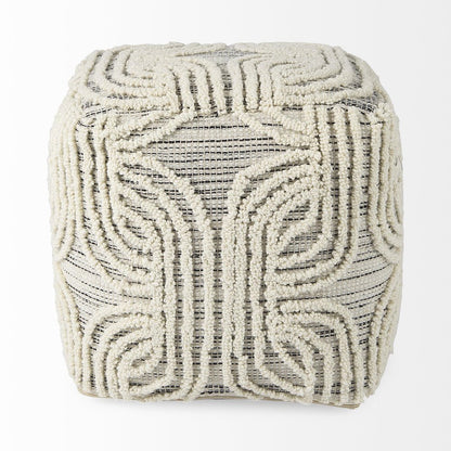 16" Beige Cream and Gray Cotton and Wool Geometric Cube Pouf Ottoman