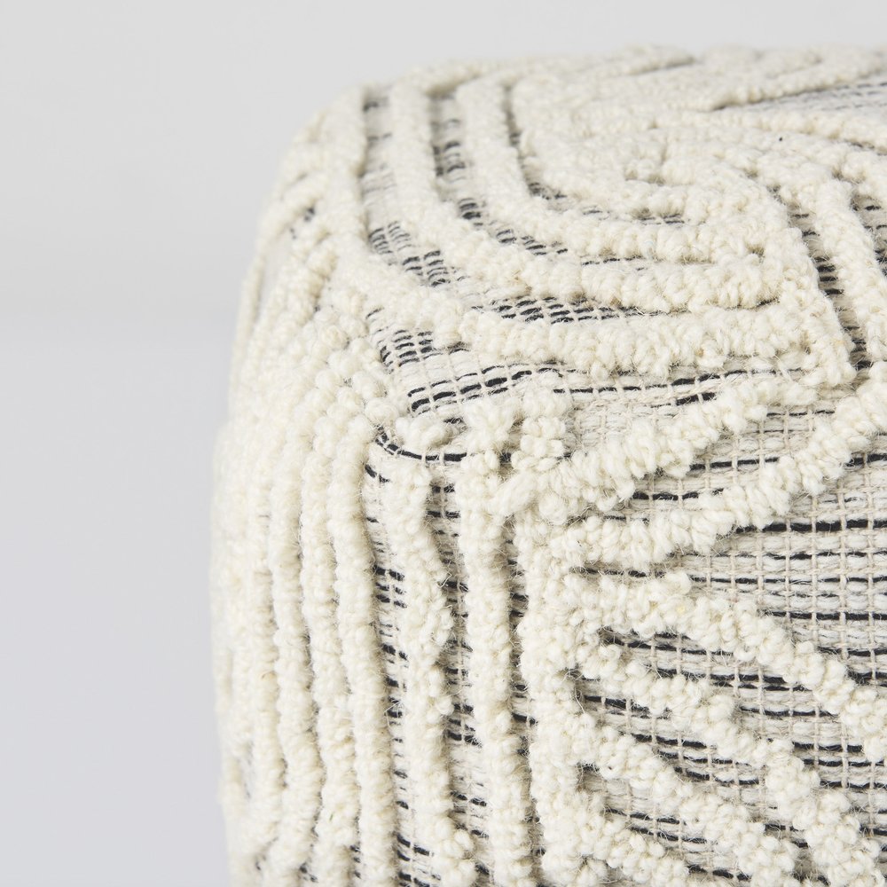 16" Beige Cream and Gray Cotton and Wool Geometric Cube Pouf Ottoman