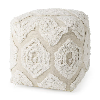 16" Beige and Cream Cotton Geometric Cube Pouf Ottoman