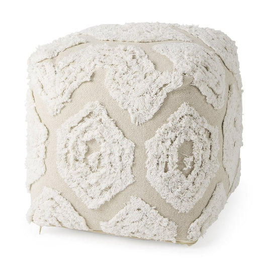 16" Beige and Cream Cotton Geometric Cube Pouf Ottoman