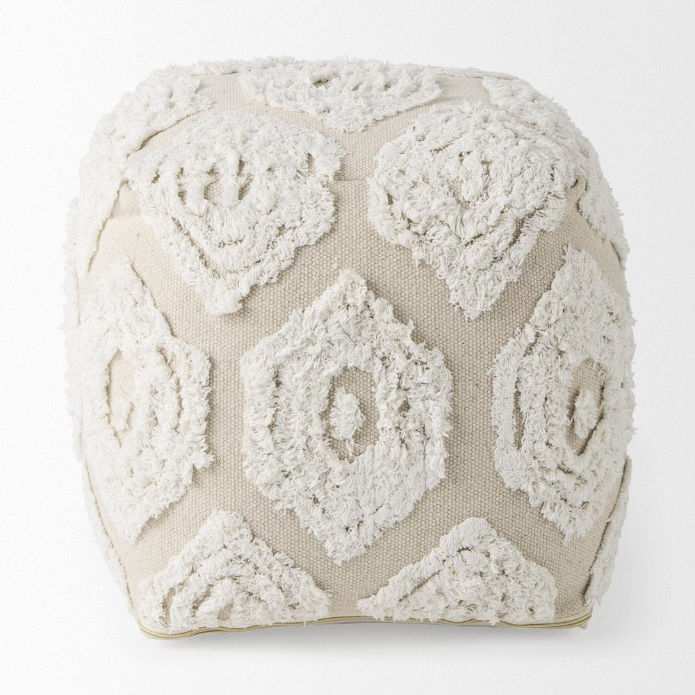 16" Beige and Cream Cotton Geometric Cube Pouf Ottoman