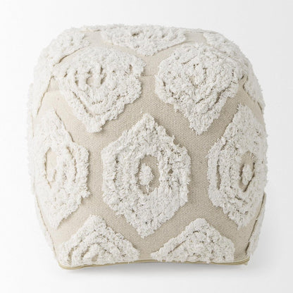 16" Beige and Cream Cotton Geometric Cube Pouf Ottoman