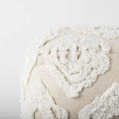 16" Beige and Cream Cotton Geometric Cube Pouf Ottoman