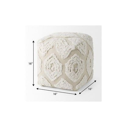 16" Beige and Cream Cotton Geometric Cube Pouf Ottoman