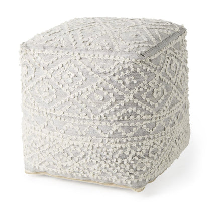 16" Cream and Gray Upholstery and Wool Geometric Pouf Ottoman