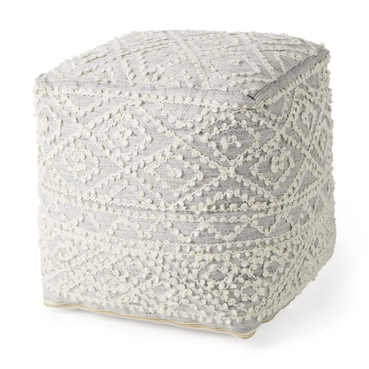 16" Cream and Gray Upholstery and Wool Geometric Pouf Ottoman