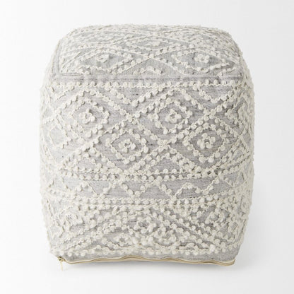 16" Cream and Gray Upholstery and Wool Geometric Pouf Ottoman