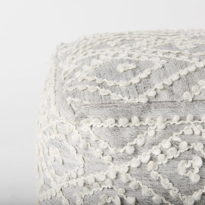 16" Cream and Gray Upholstery and Wool Geometric Pouf Ottoman