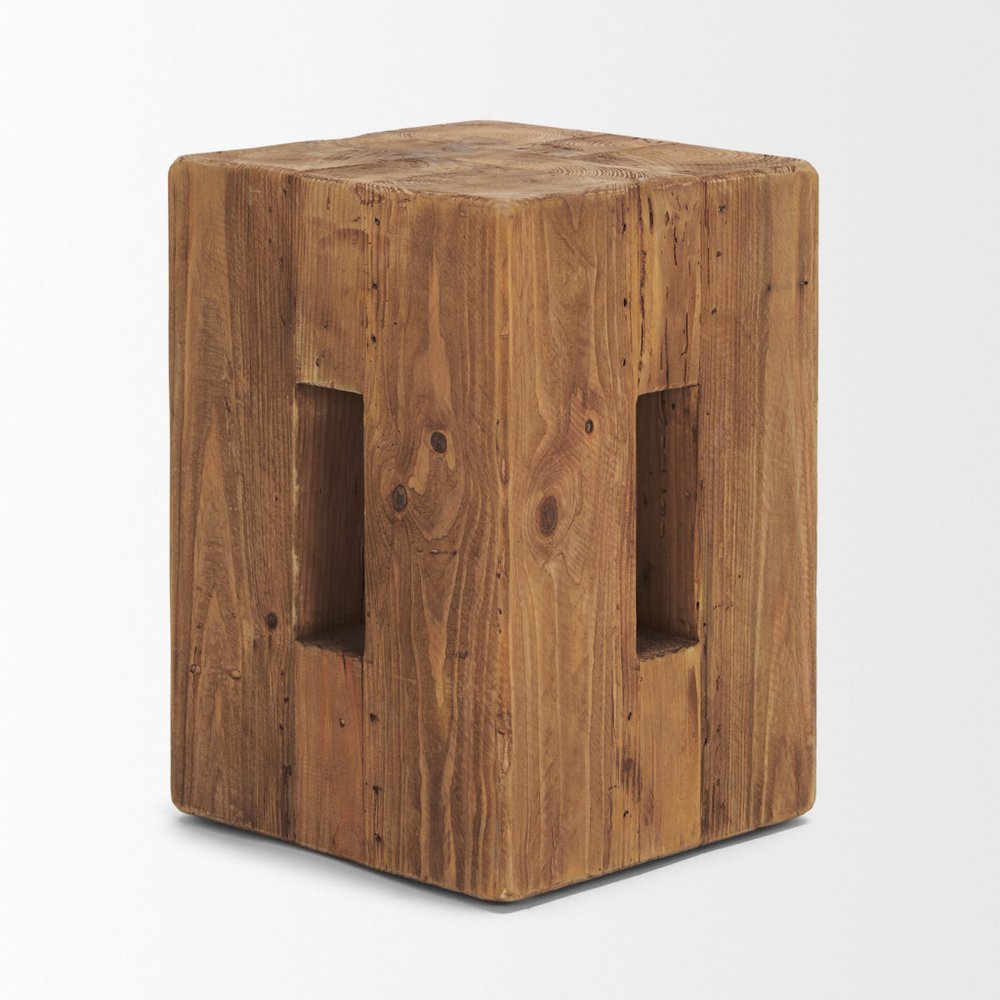 17" Brown Distressed Solid Wood Square Pedestal End Table With Shelf