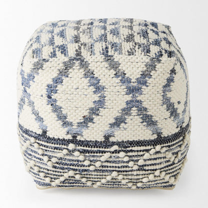 16" Cream and Gray Cotton Denim and Wool Geometric Round Pouf Ottoman