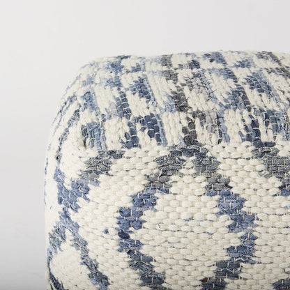 16" Cream and Gray Cotton Denim and Wool Geometric Round Pouf Ottoman