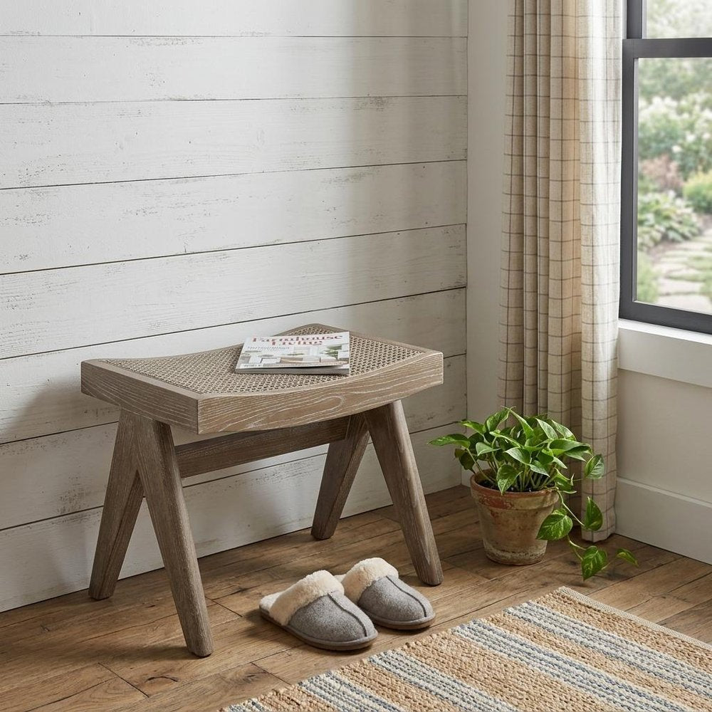 22" Brown Solid Wood and Cane Stool