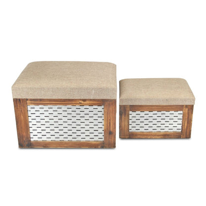 Set of Two 21" Beige And Brown Linen And Solid Wood Upholstered Distressed Storage Entryway Stool With Flip Top