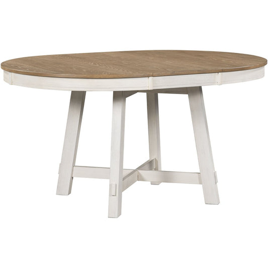 58" Oak And Antiqued White Wood Removable Leaf Cross Leg Base Oval Extendable Dining Table