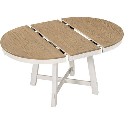 58" Oak And Antiqued White Wood Removable Leaf Cross Leg Base Oval Extendable Dining Table