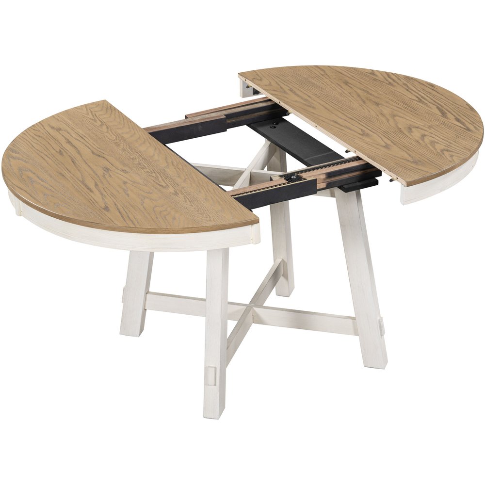 58" Oak And Antiqued White Wood Removable Leaf Cross Leg Base Oval Extendable Dining Table