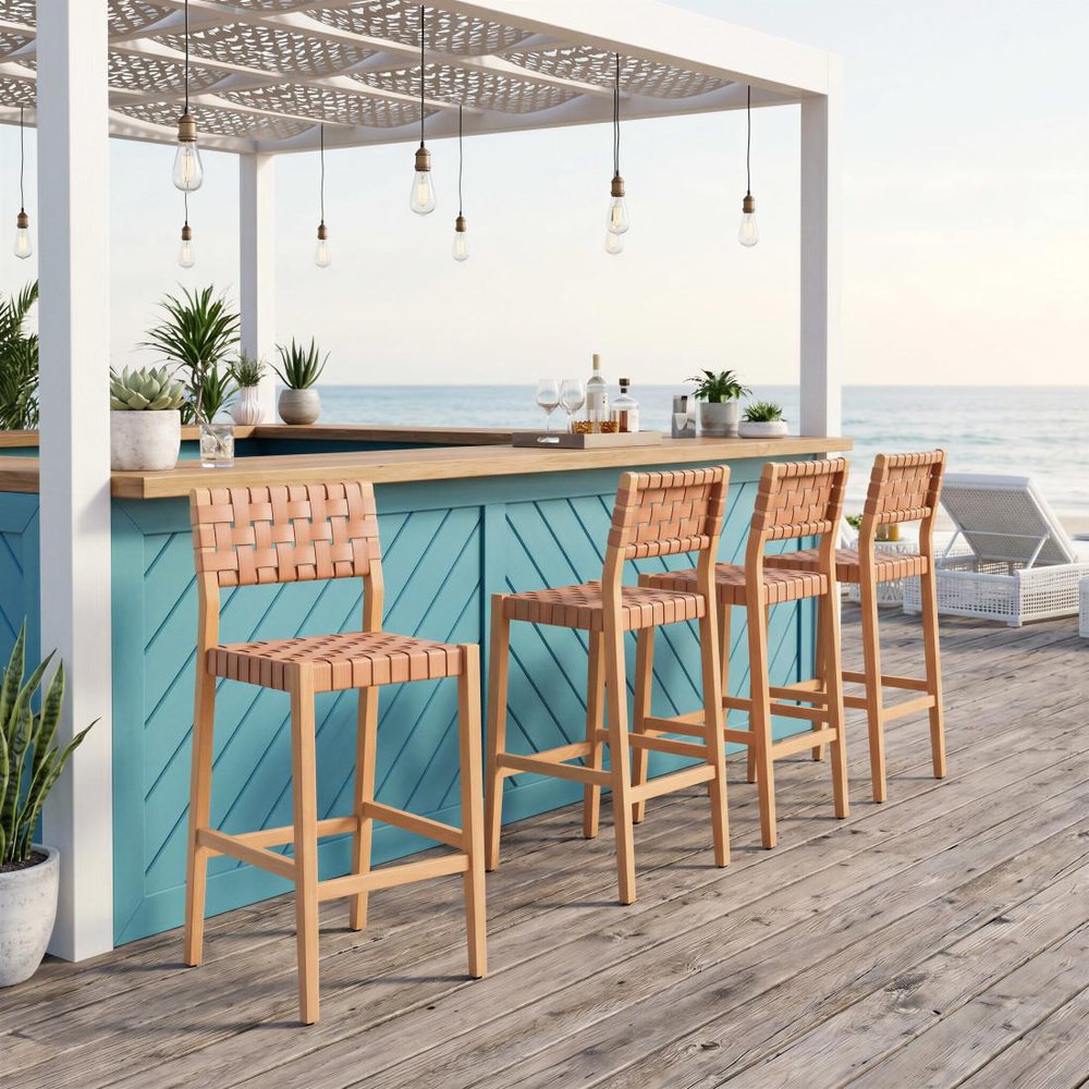 30" Brown Solid Wood Low Back Outdoor Bar Height Chair