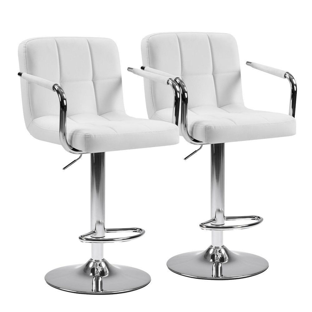 Set of Two White And Silver Faux Leather And Steel Adjustable Height Swivel Bar Chairs