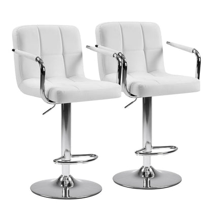 Set of Two White And Silver Faux Leather And Steel Adjustable Height Swivel Bar Chairs