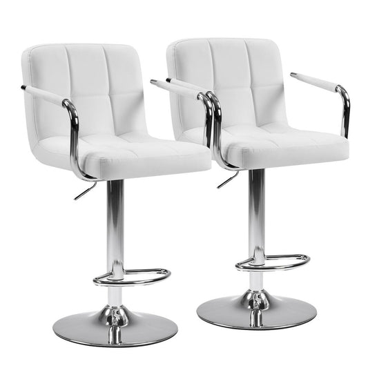 Set of Two White And Silver Faux Leather And Steel Adjustable Height Swivel Bar Chairs