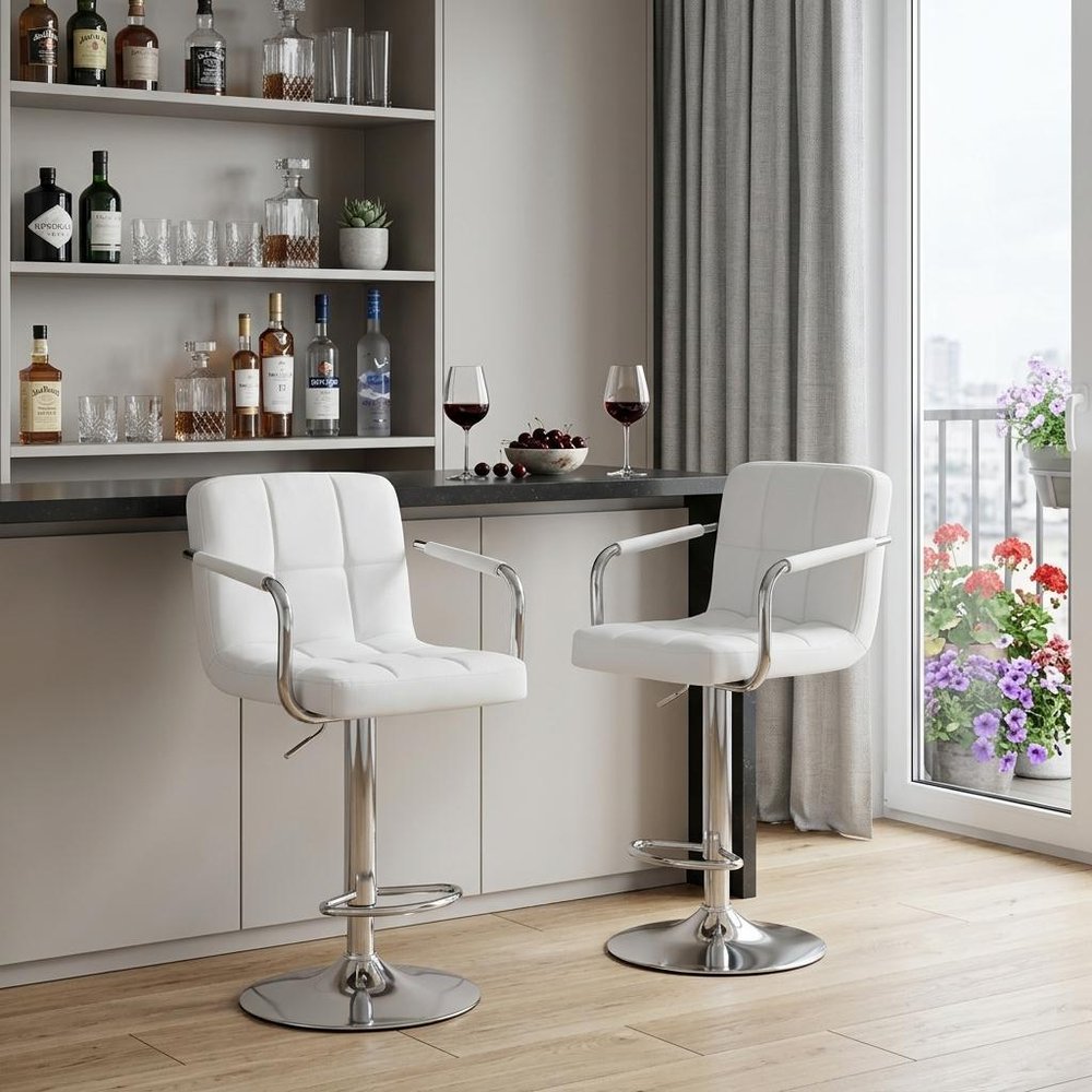 Set of Two White And Silver Faux Leather And Steel Adjustable Height Swivel Bar Chairs