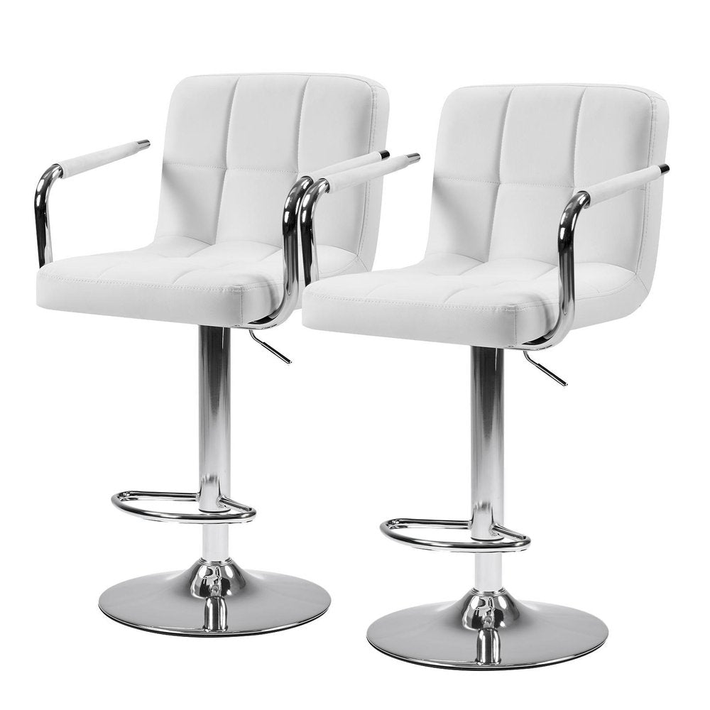 Set of Two White And Silver Faux Leather And Steel Adjustable Height Swivel Bar Chairs