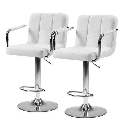 Set of Two White And Silver Faux Leather And Steel Adjustable Height Swivel Bar Chairs