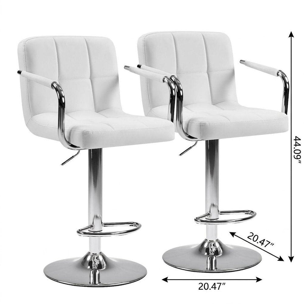 Set of Two White And Silver Faux Leather And Steel Adjustable Height Swivel Bar Chairs