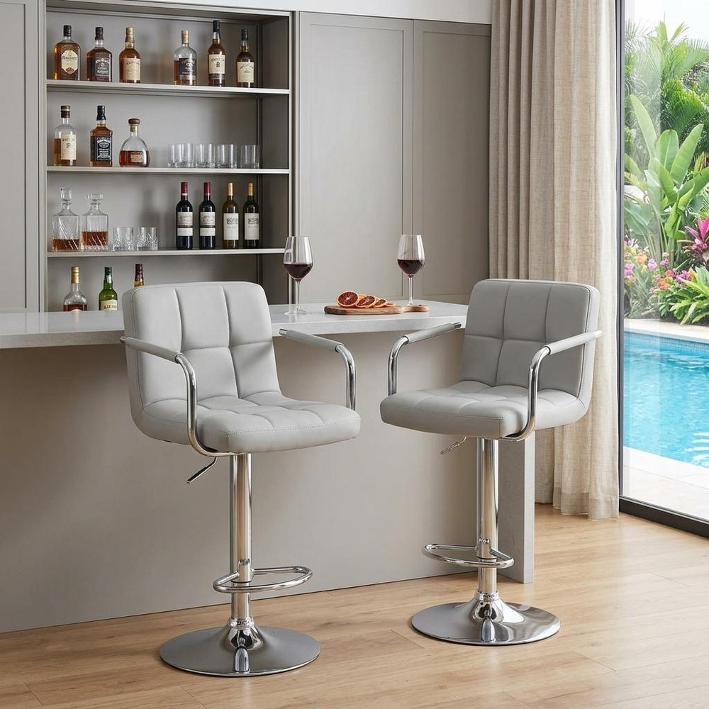Set of Two White And Silver Faux Leather And Steel Adjustable Height Swivel Bar Chairs