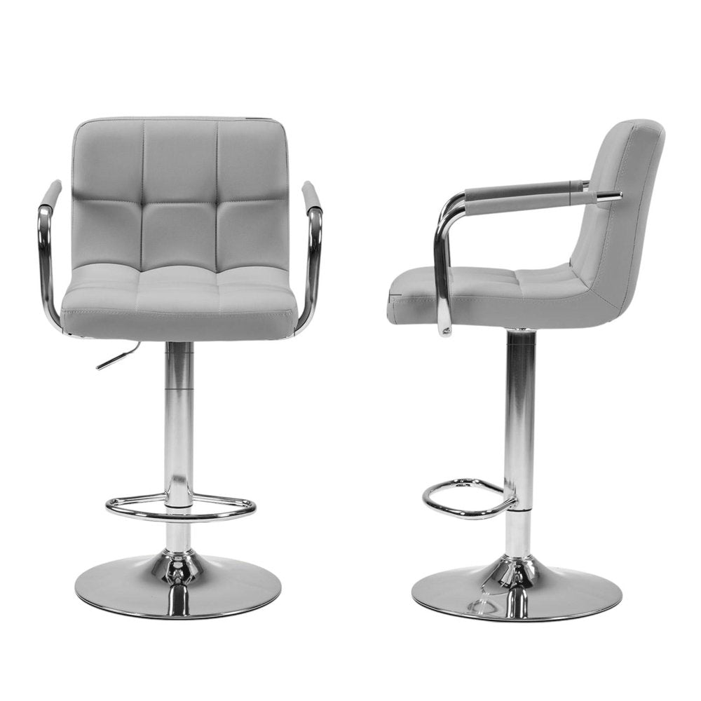Set of Two White And Silver Faux Leather And Steel Adjustable Height Swivel Bar Chairs
