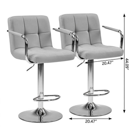 Set of Two White And Silver Faux Leather And Steel Adjustable Height Swivel Bar Chairs