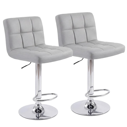 Set of Two Gray And Silver Faux Leather And Steel Low Back Adjustable Height Swivel Bar Chairs