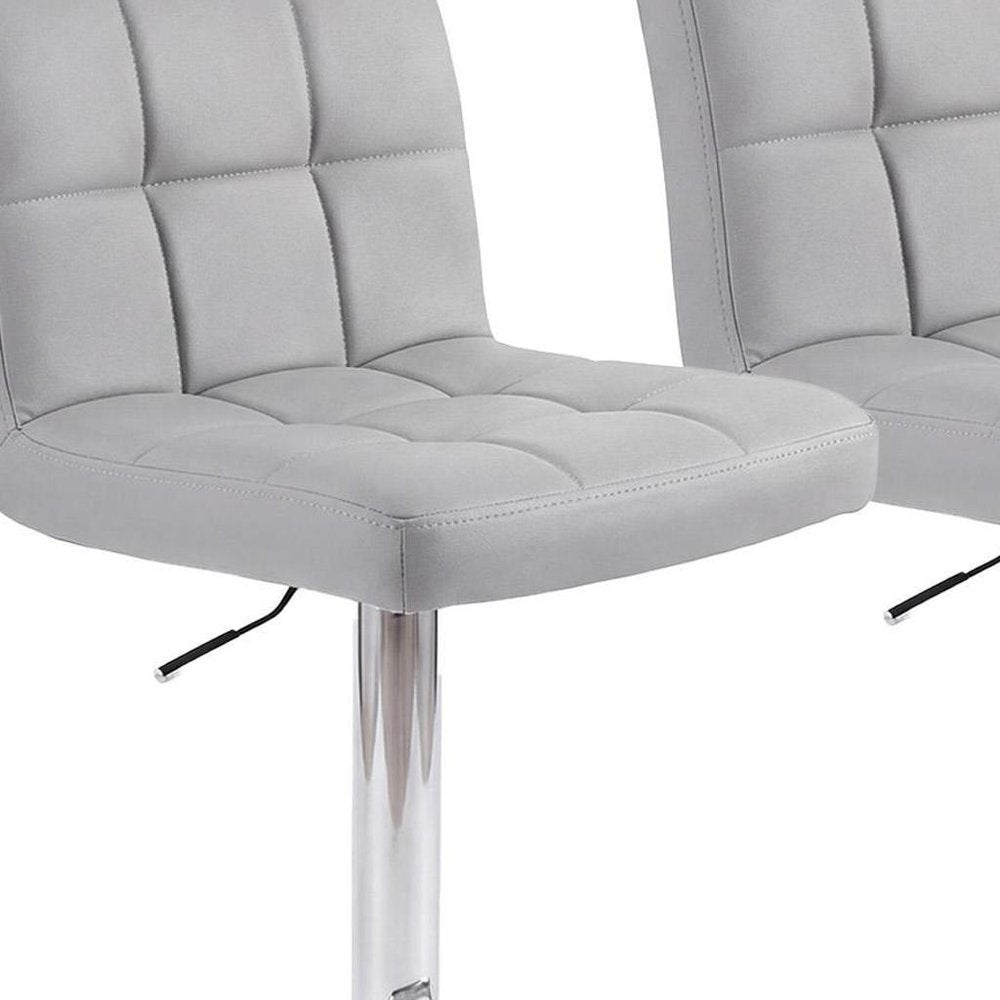 Set of Two Gray And Silver Faux Leather And Steel Low Back Adjustable Height Swivel Bar Chairs