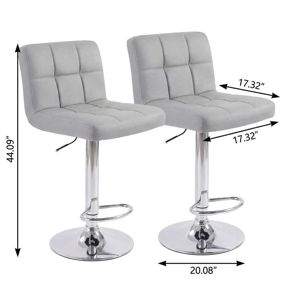 Set of Two Gray And Silver Faux Leather And Steel Low Back Adjustable Height Swivel Bar Chairs