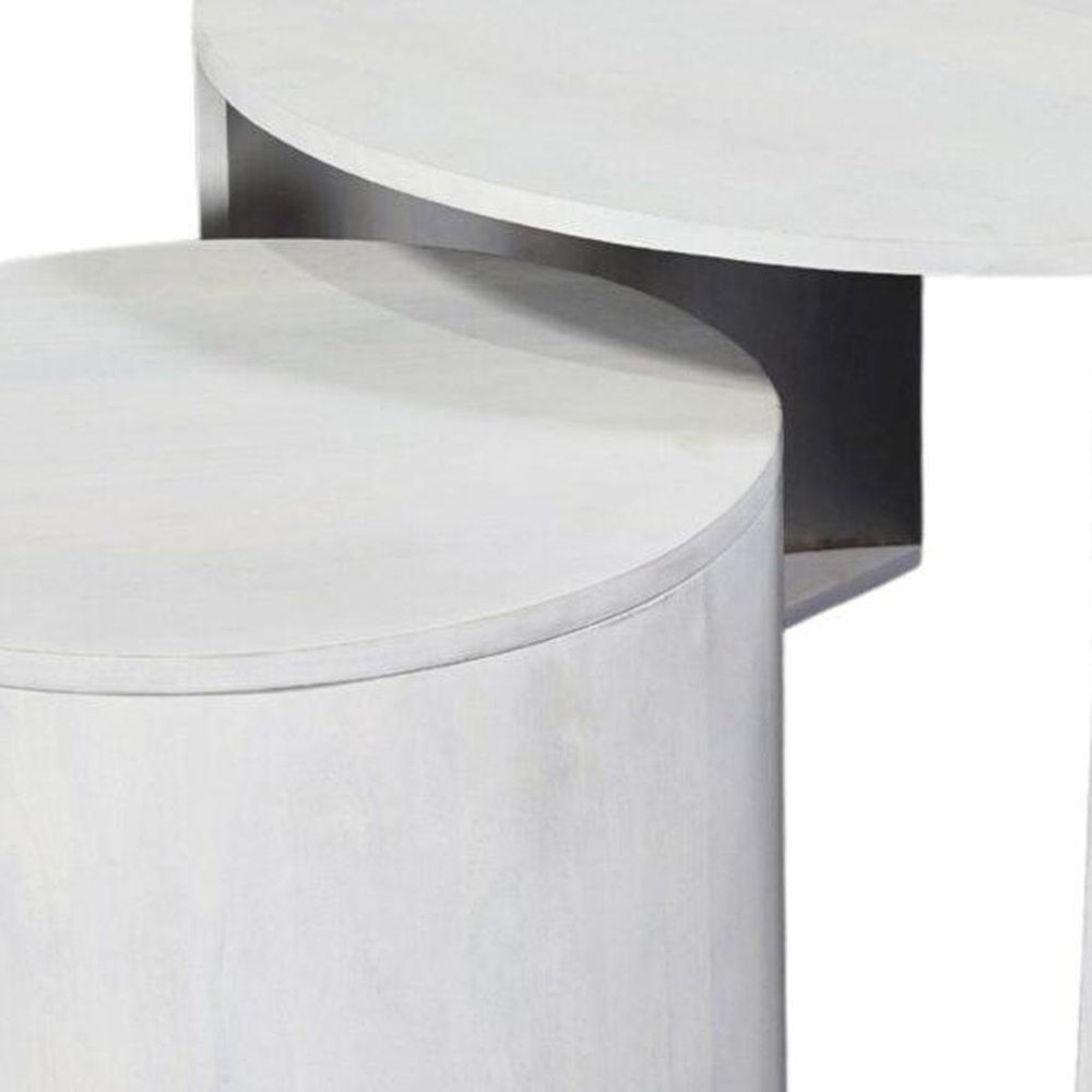 Set Of Two White Solid Wood Round Solid Nested Coffee Tables