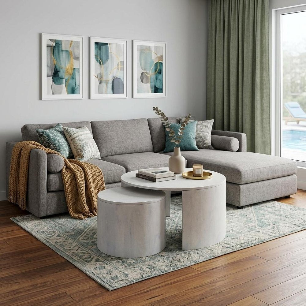 Set Of Two White Solid Wood Round Solid Nested Coffee Tables