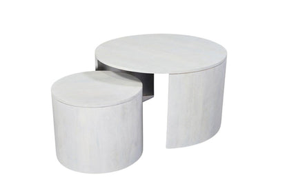 Set Of Two White Solid Wood Round Solid Nested Coffee Tables