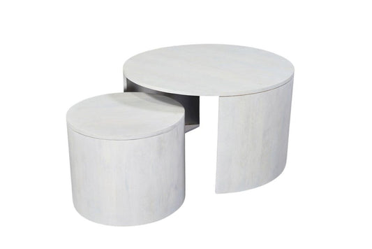 Set Of Two White Solid Wood Round Solid Nested Coffee Tables
