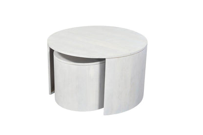 Set Of Two White Solid Wood Round Solid Nested Coffee Tables