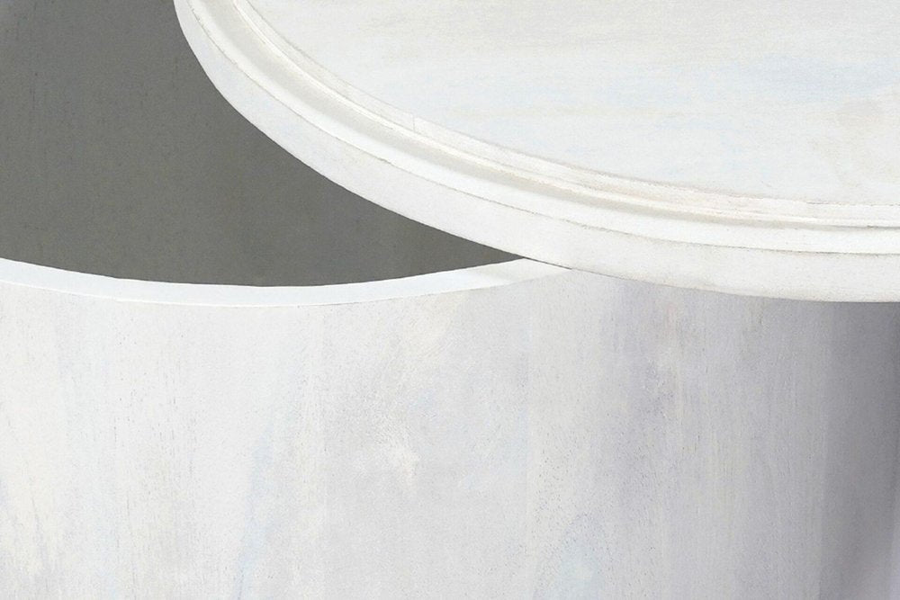 Set Of Two White Solid Wood Round Solid Nested Coffee Tables