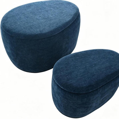 34" Set of Two Blue Chenille Round Ottoman With Storage
