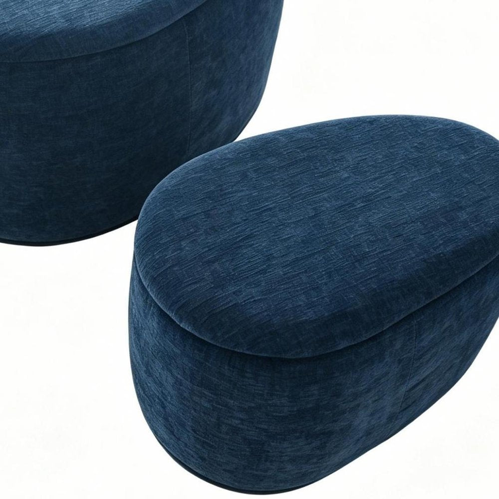 34" Set of Two Blue Chenille Round Ottoman With Storage