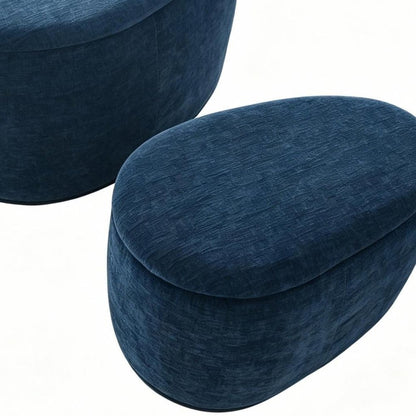 34" Set of Two Blue Chenille Round Ottoman With Storage