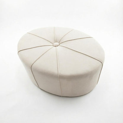 48" Cream and Black Cotton Blend and Linen Blend Tufted Oval Footstool
