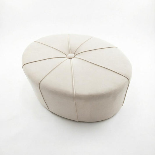 48" Cream and Black Cotton Blend and Linen Blend Tufted Oval Footstool